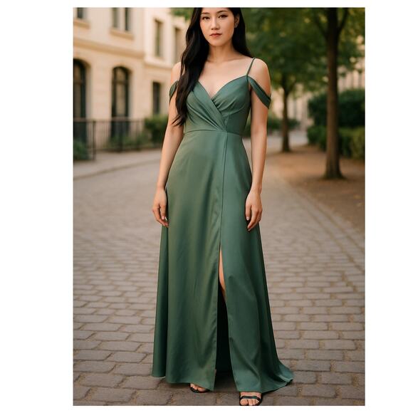 Azazie Formal Maxi Dress SZ A4 Sage Pleated Stretch Satin Baby Doll Wedding - Picture 1 of 8